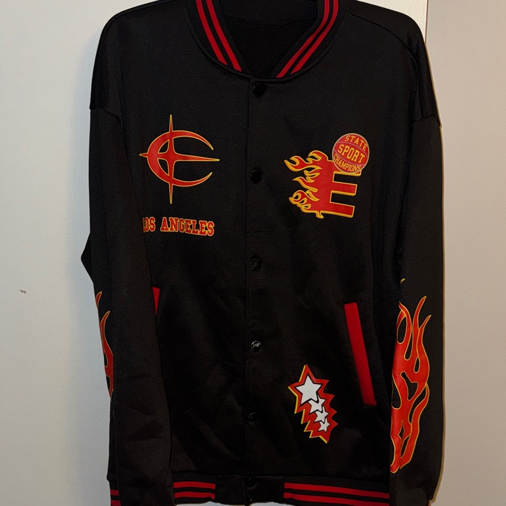 SHEIN Black Varsity Jacket with Red and Orange Accents